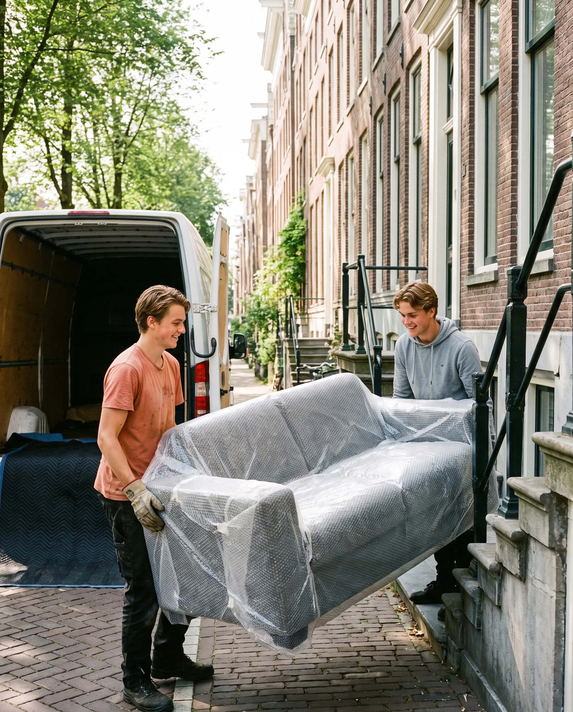 Twee verhuizers van StudentTopper Movers dragen een ingepakte bank naar de verhuiswagen