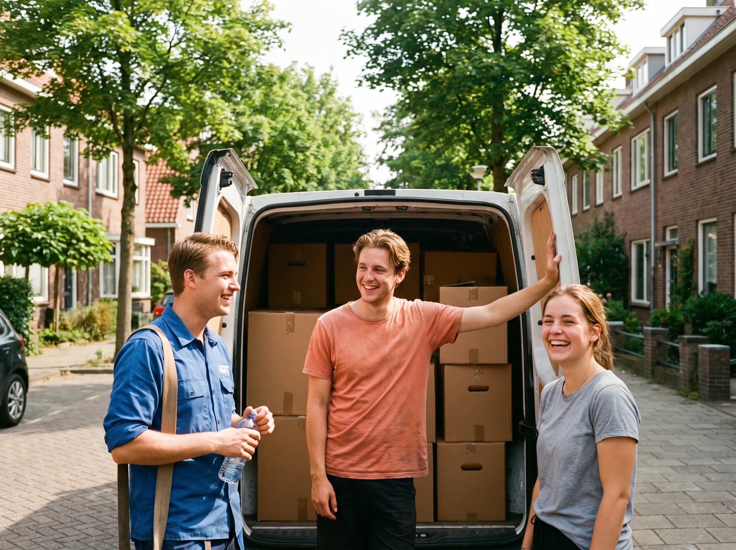 Drie verhuizers van StudentTopper Movers laden de verhuiswagen in